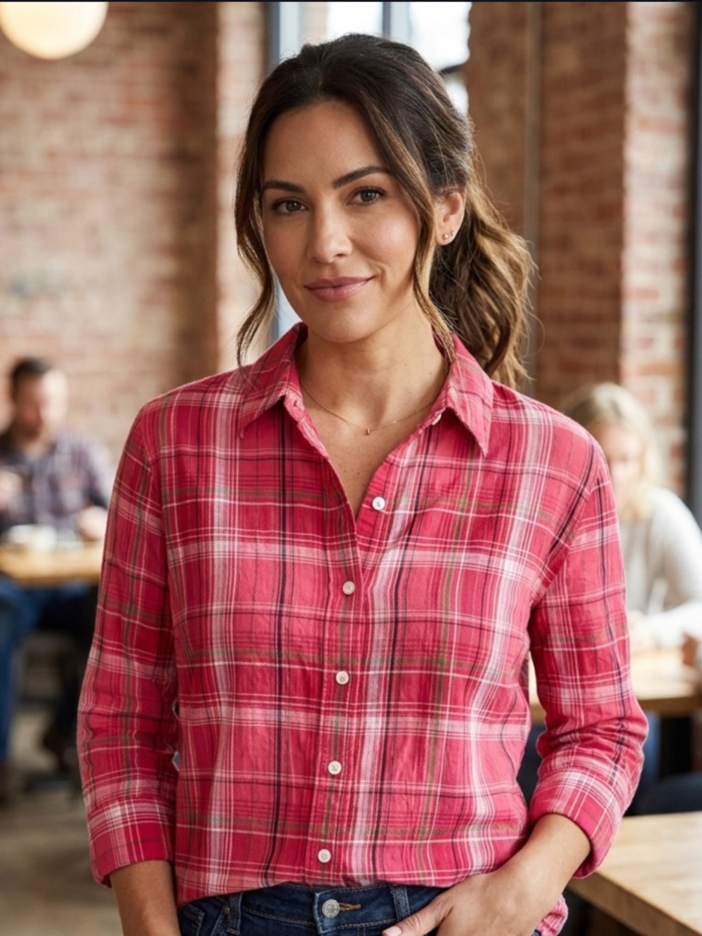 Women’s Pink Plaid Button-Up Shirt - Casual Collar Top